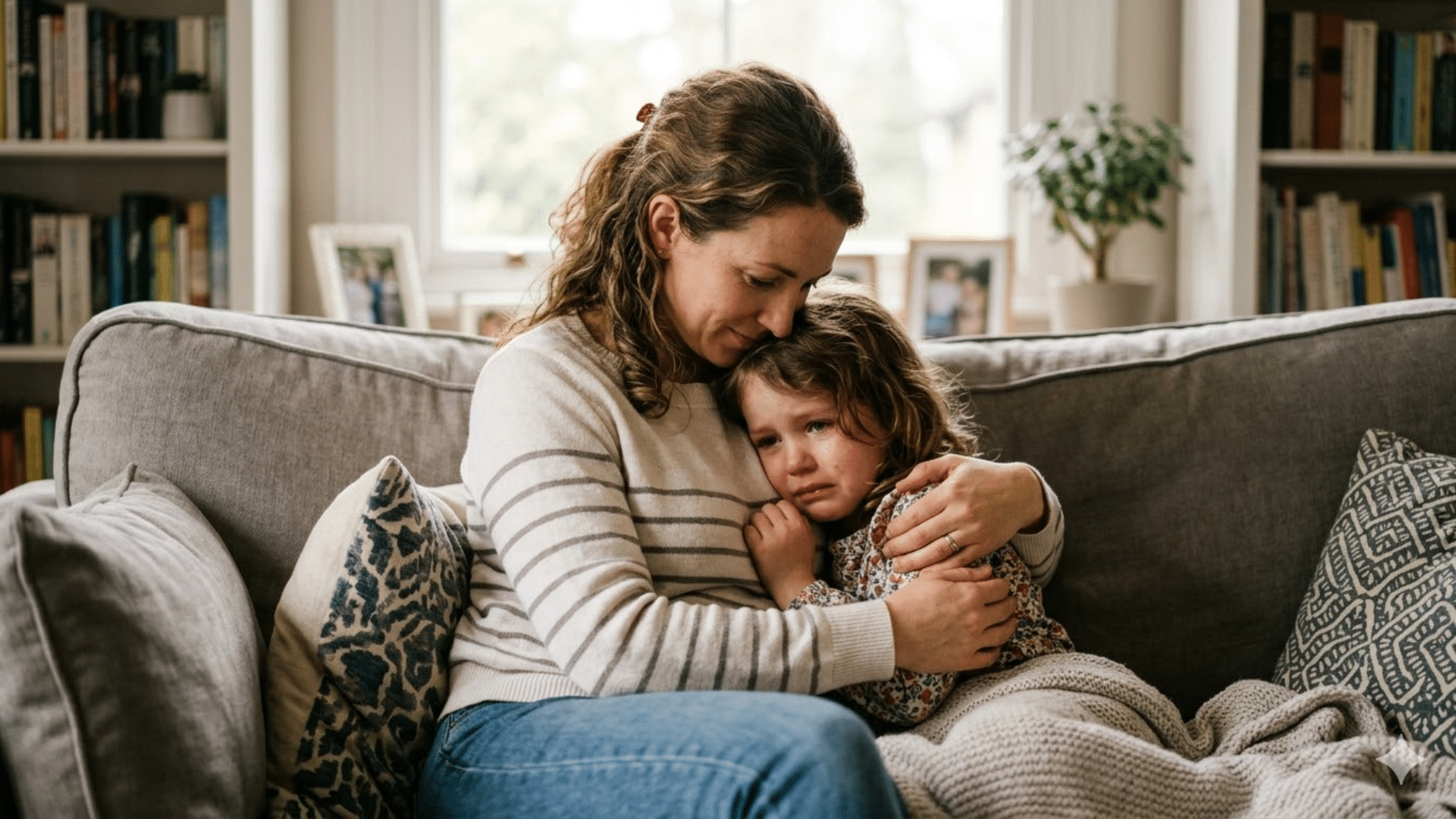Parent gently comforting a child who looks upset, sitting together on a couch