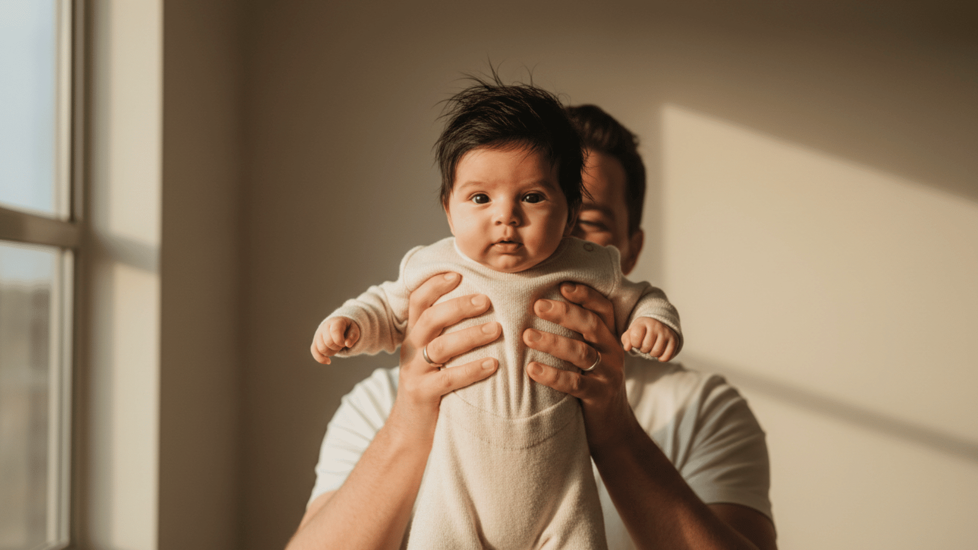 Parent gently holding baby for monthly milestone photo with soft natural lighting.