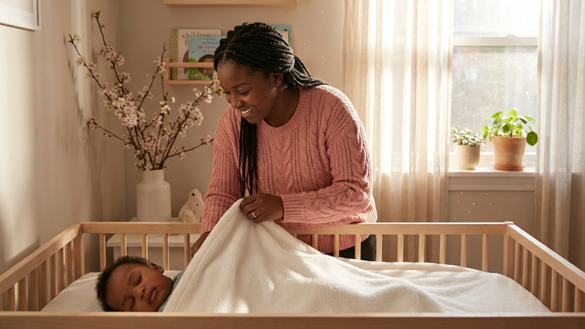 Parent gently placing a small blanket on a baby’s legs in a crib