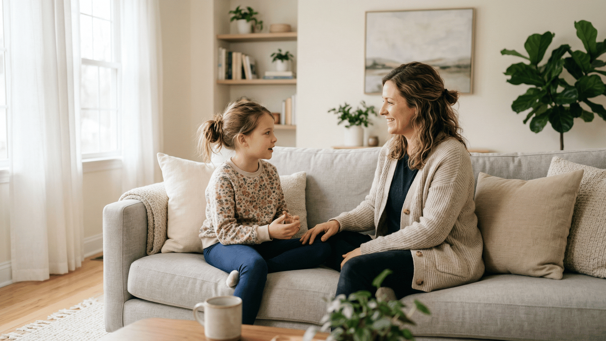 Parent gently talking with child in a calm living room