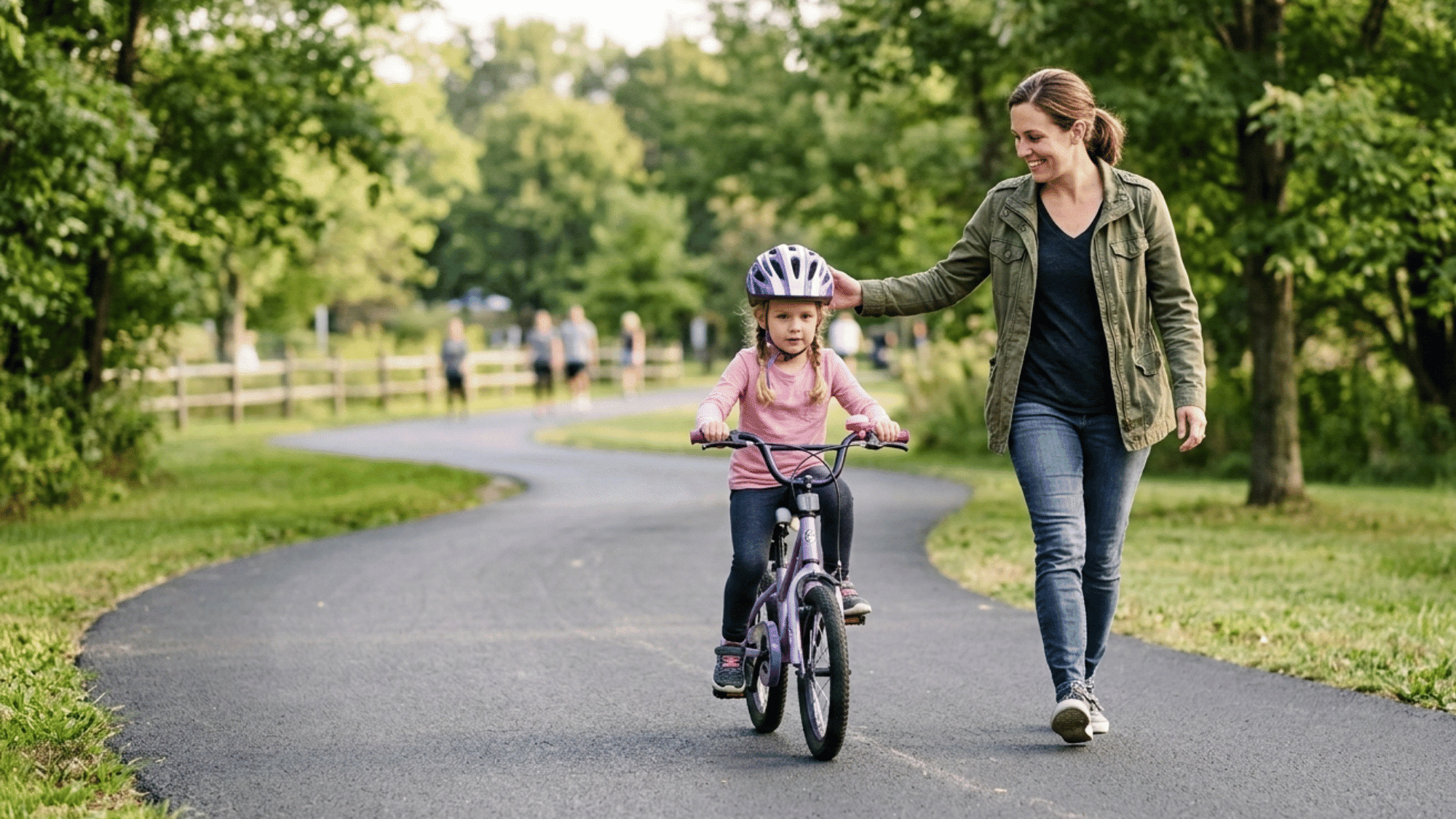 Parent guiding a child during early bike riding practice on a smooth path.