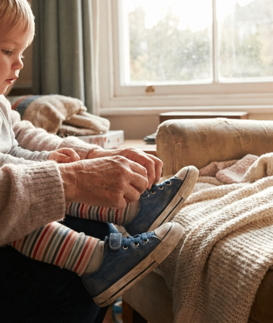 Parent helping a child learn how to tie shoelaces on sneakers