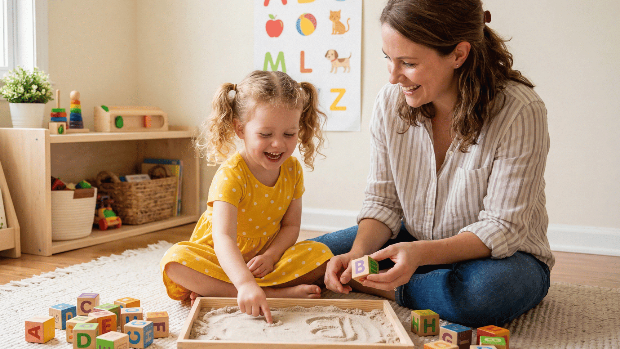 Parent helping child learn letters using alphabet blocks and sand tracing.
