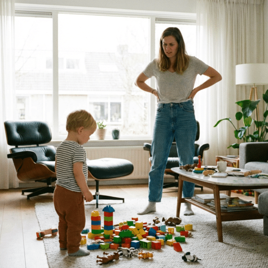 Parent looking frustrated while child ignores instructions and continues playing in the living room