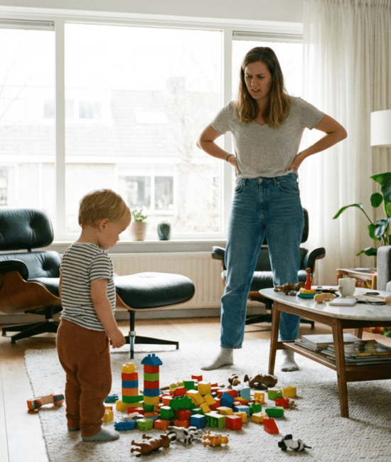 Parent looking frustrated while child ignores instructions and continues playing in the living room