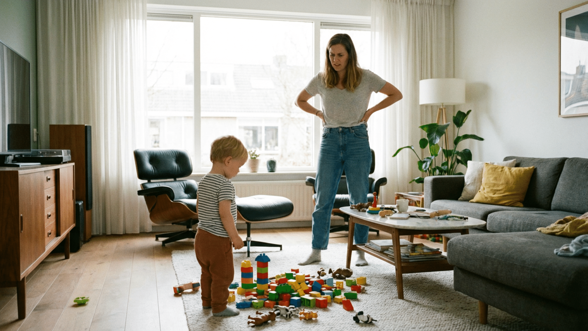 Parent looking frustrated while child ignores instructions and continues playing in the living room