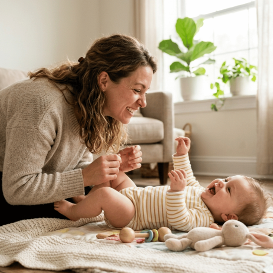 Parent making funny face while baby laughs during playtime