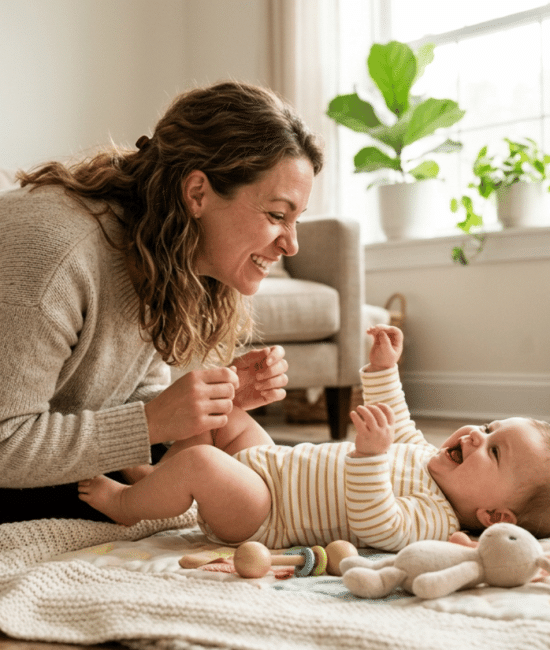 Parent making funny face while baby laughs during playtime