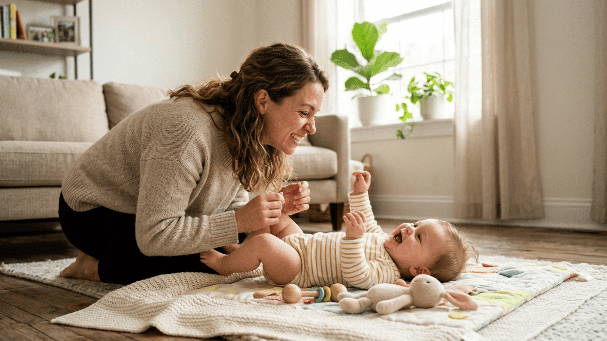 Parent making funny face while baby laughs during playtime