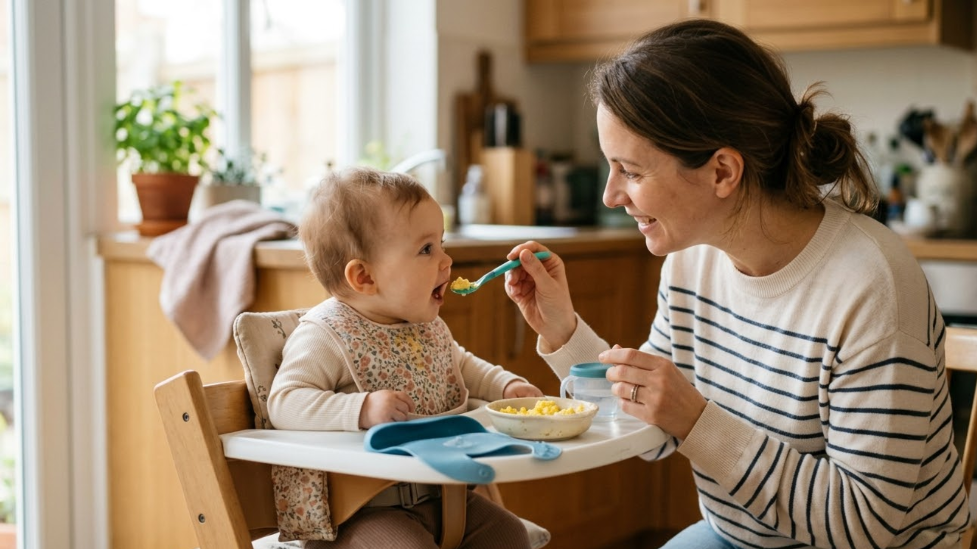 Parent offering a small spoon of egg to a baby in a high chair