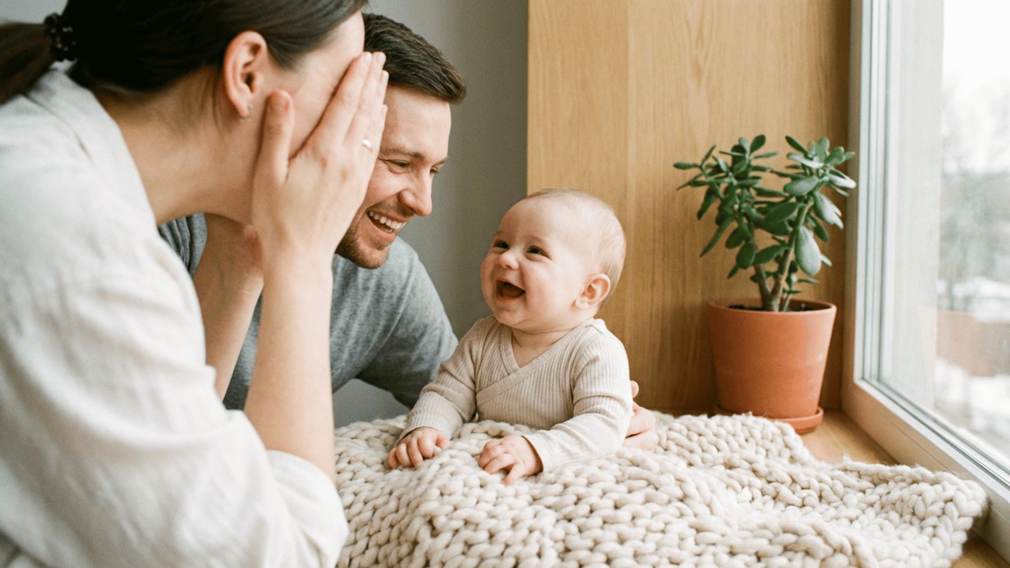 Parent playing peekaboo to make baby laugh