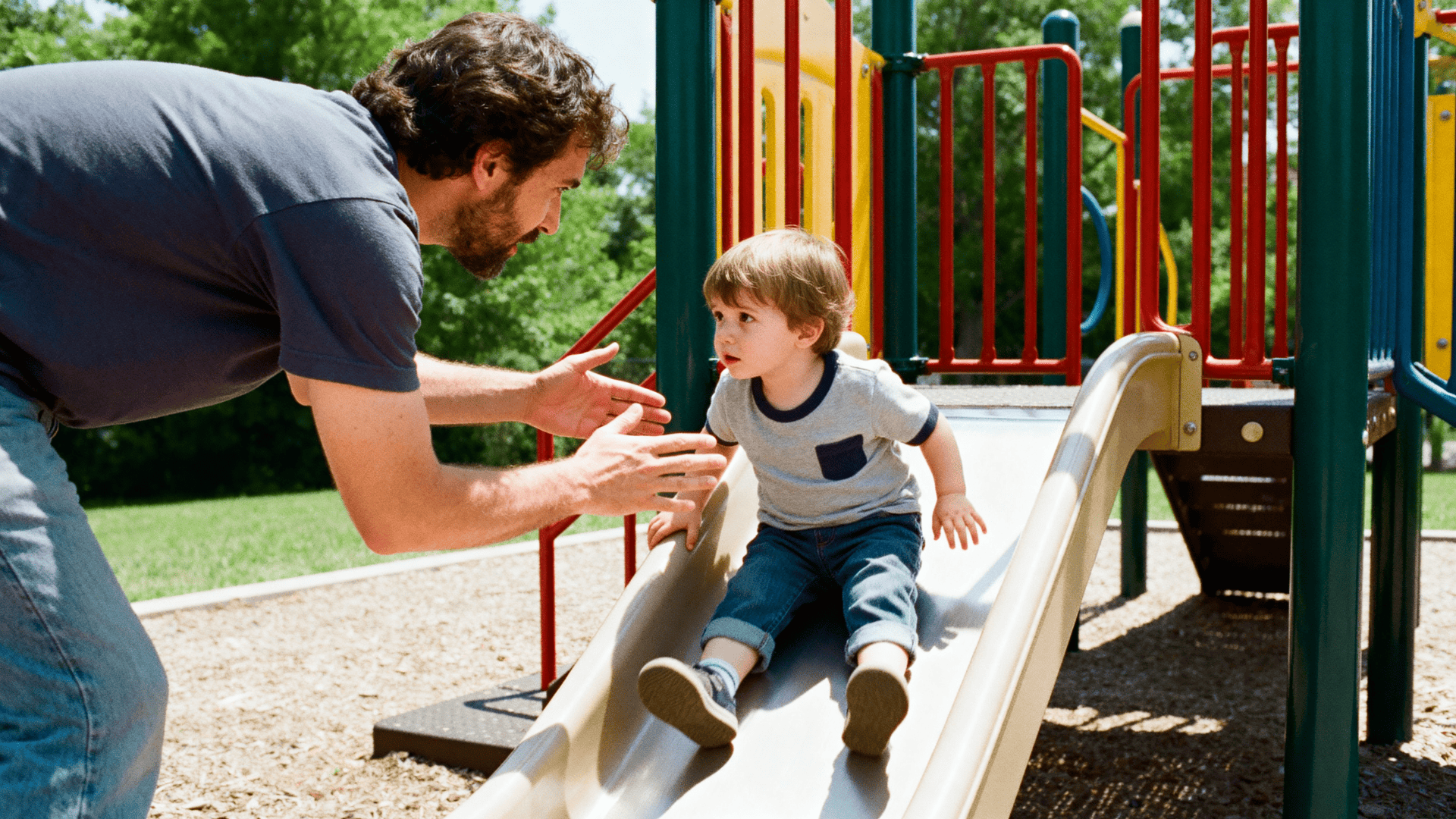 Parent reaches toward toddler sliding down playground slide, closely guiding him in a bright park with colorful play equipment
