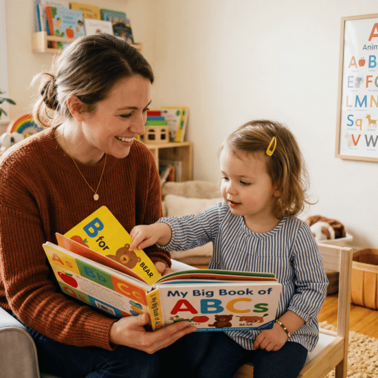 Parent reading alphabet book with child learning letters in a bright room.