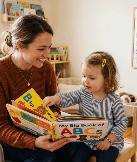 Parent reading alphabet book with child learning letters in a bright room.
