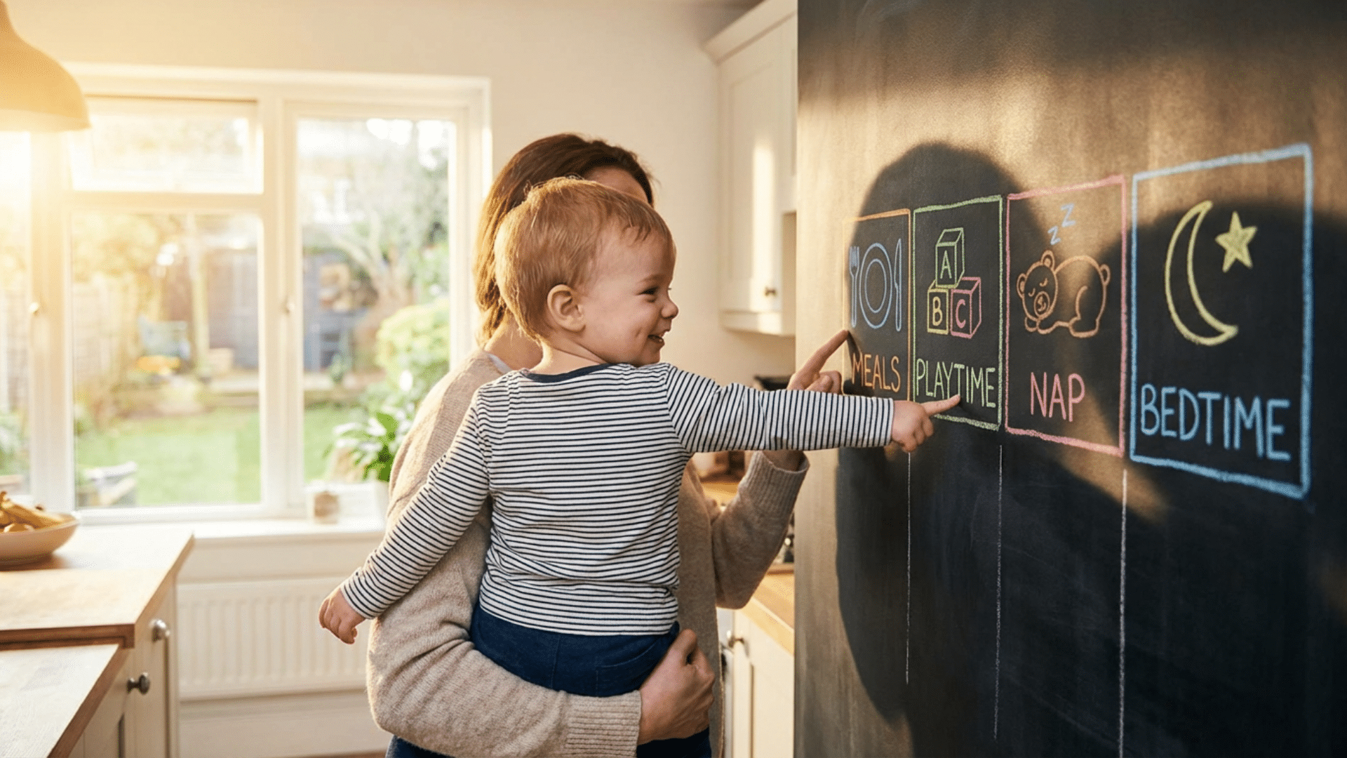 Parent showing a daily routine chart to a 3-year-old child