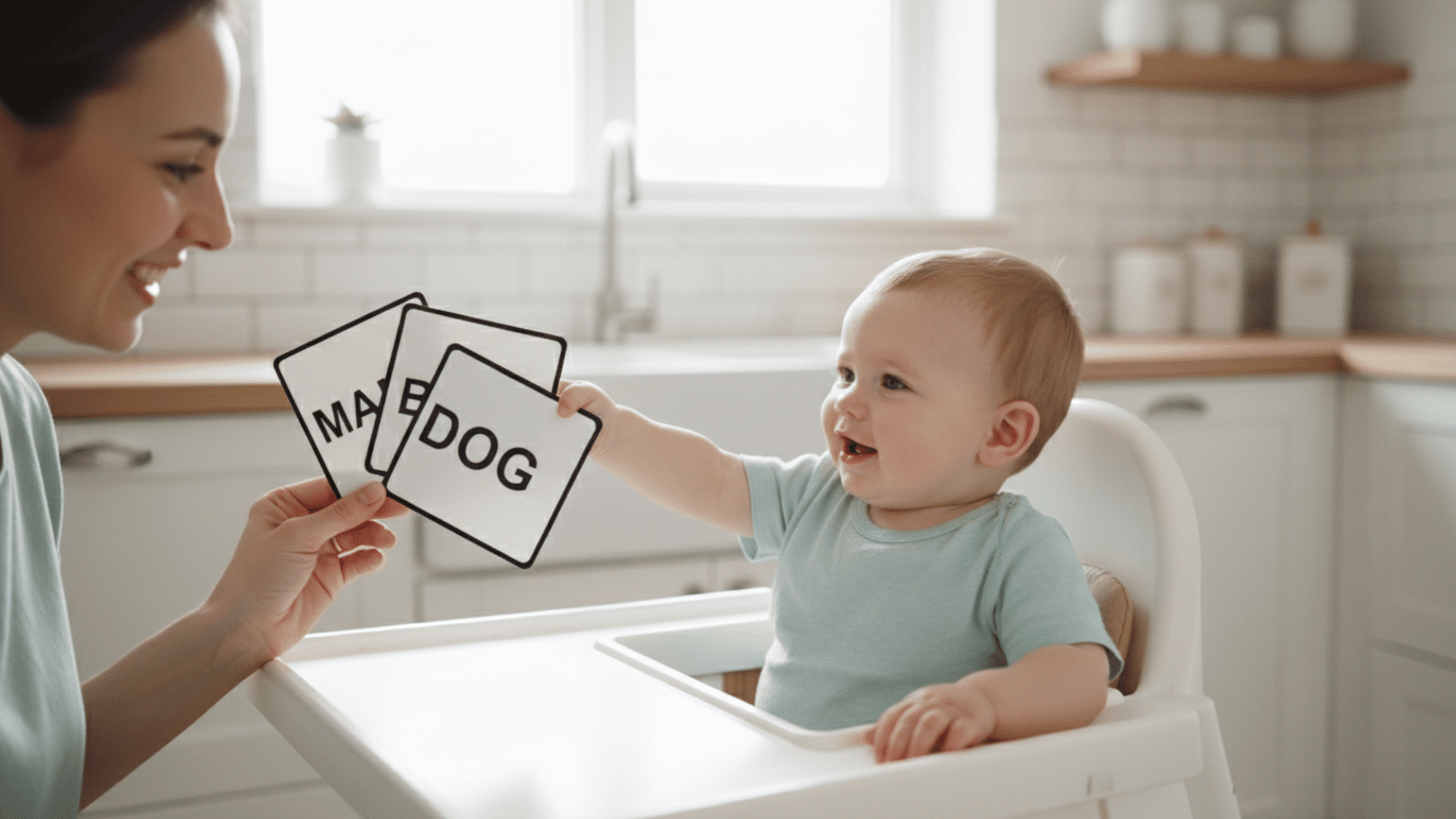 Parent showing word cards to curious 12-month-old learning first words