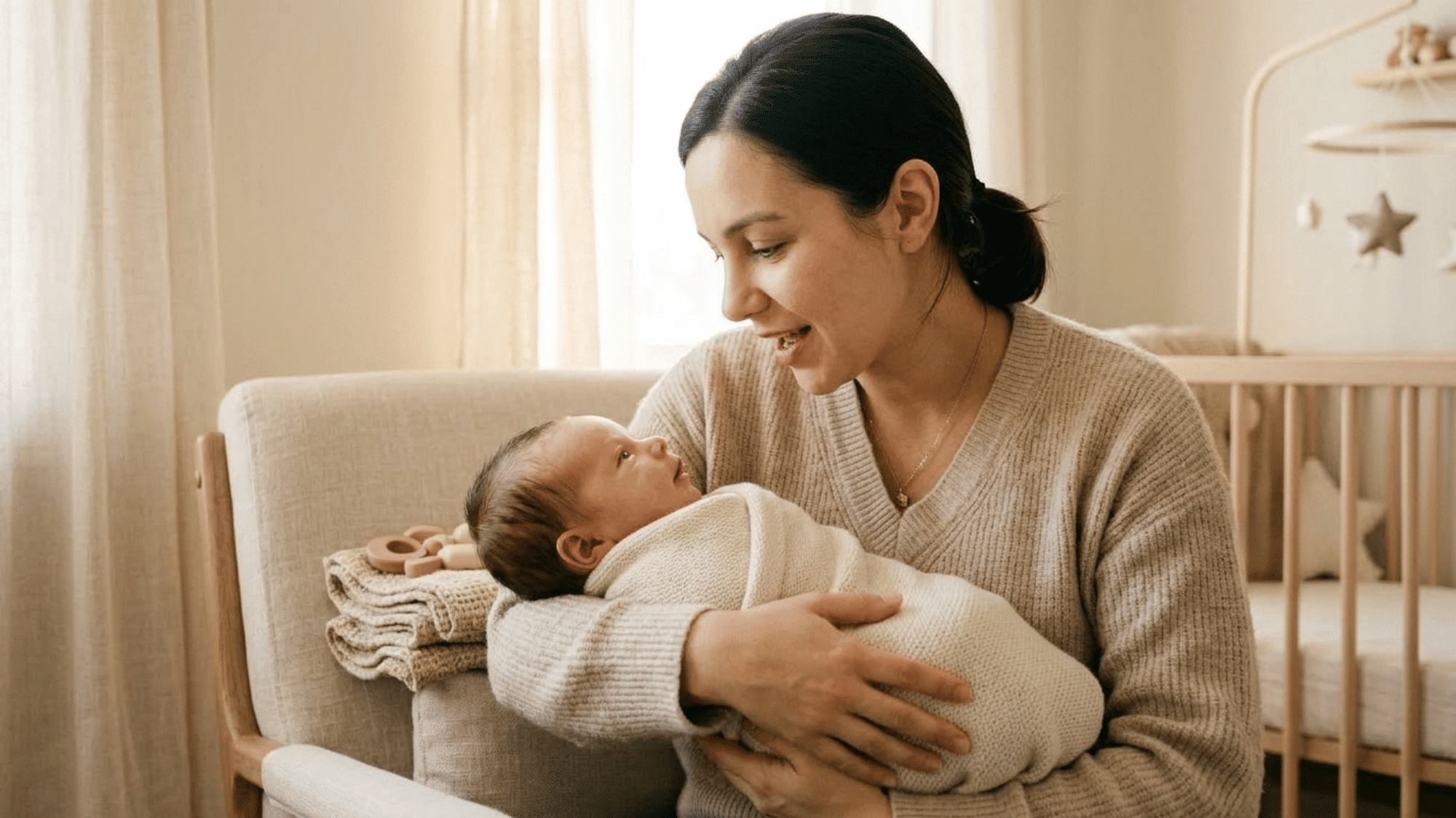 Parent talking to baby face to face to encourage cooing sounds