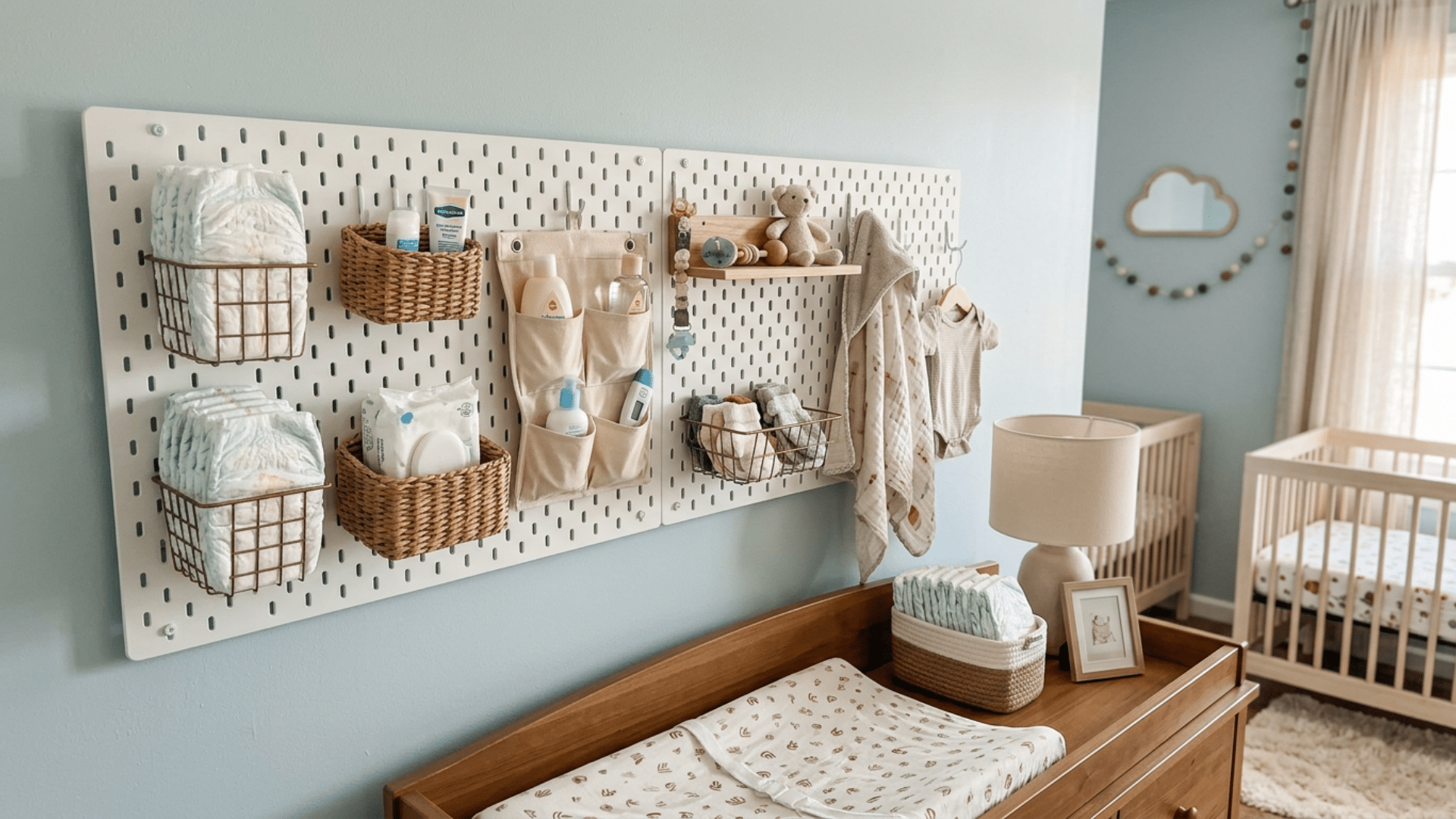 Pegboard organizer mounted in nursery