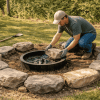 Person arranging large stones in a circle around a fire pit in a backyard, creating a cozy DIY seating area with natural materials (1)
