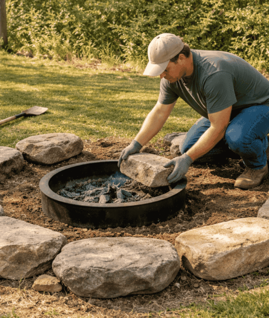 Person arranging large stones in a circle around a fire pit in a backyard, creating a cozy DIY seating area with natural materials (1)