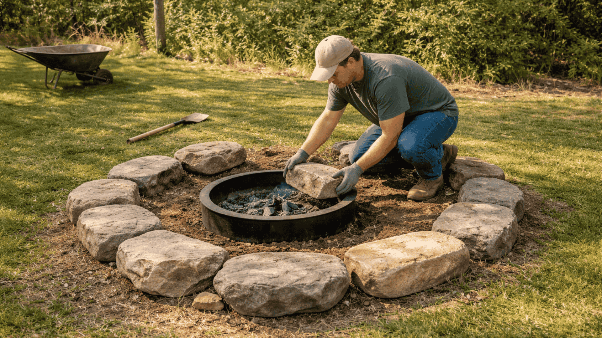 Person arranging large stones in a circle around a fire pit in a backyard, creating a cozy DIY seating area with natural materials (1)
