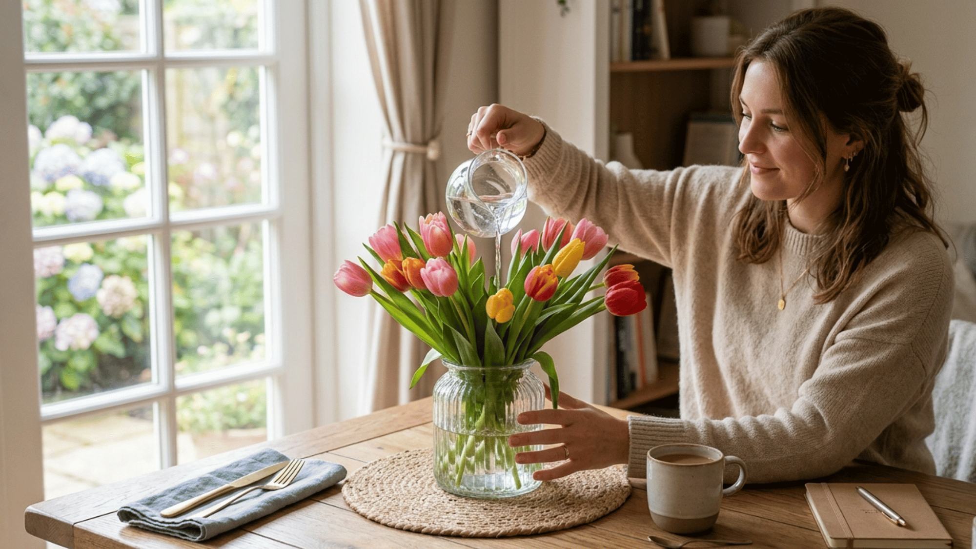 Person changing water and caring for tulips in a vase on a table.