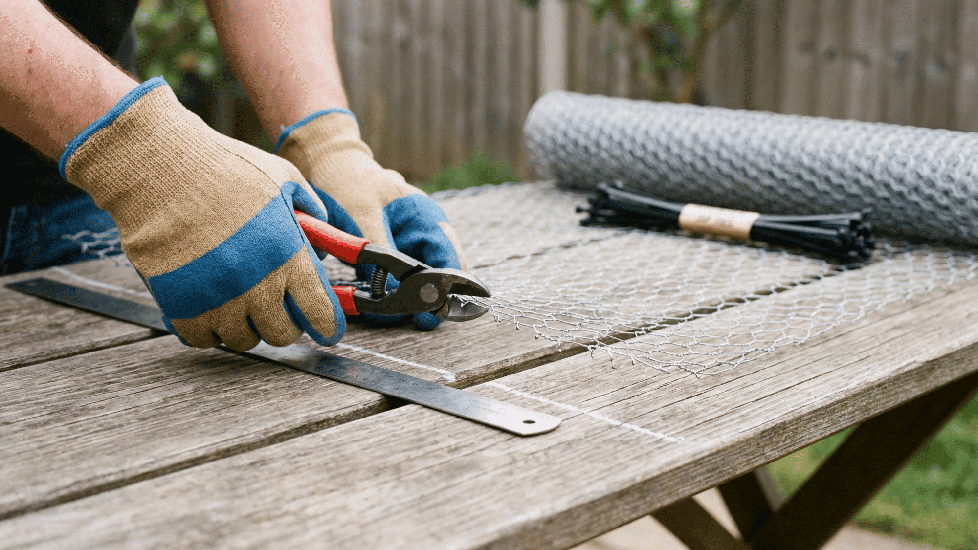 Person cutting chicken wire with wire cutters to prepare a DIY compost bin.
