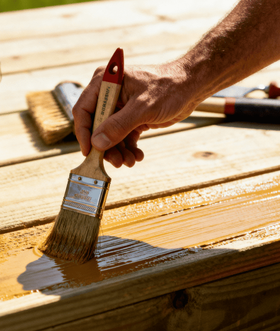Person painting pressure-treated wood with brush outdoors, smooth paint finish, tools and paint can nearby in natural light setting