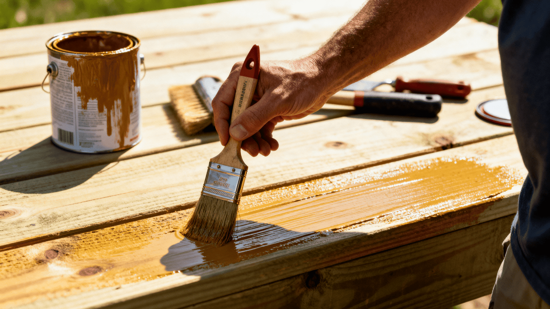Person painting pressure-treated wood with brush outdoors, smooth paint finish, tools and paint can nearby in natural light setting