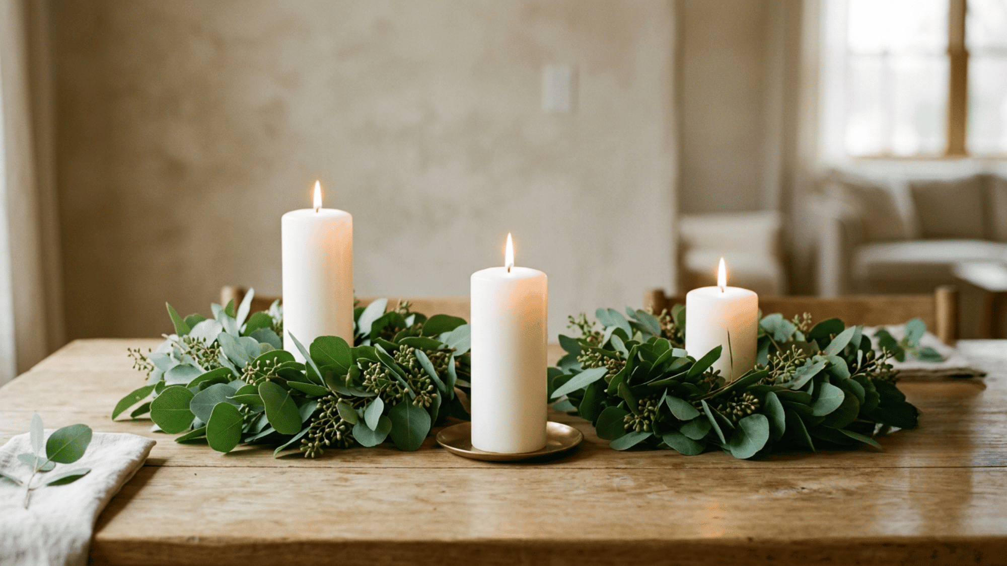 Pillar candles with eucalyptus rings on a table