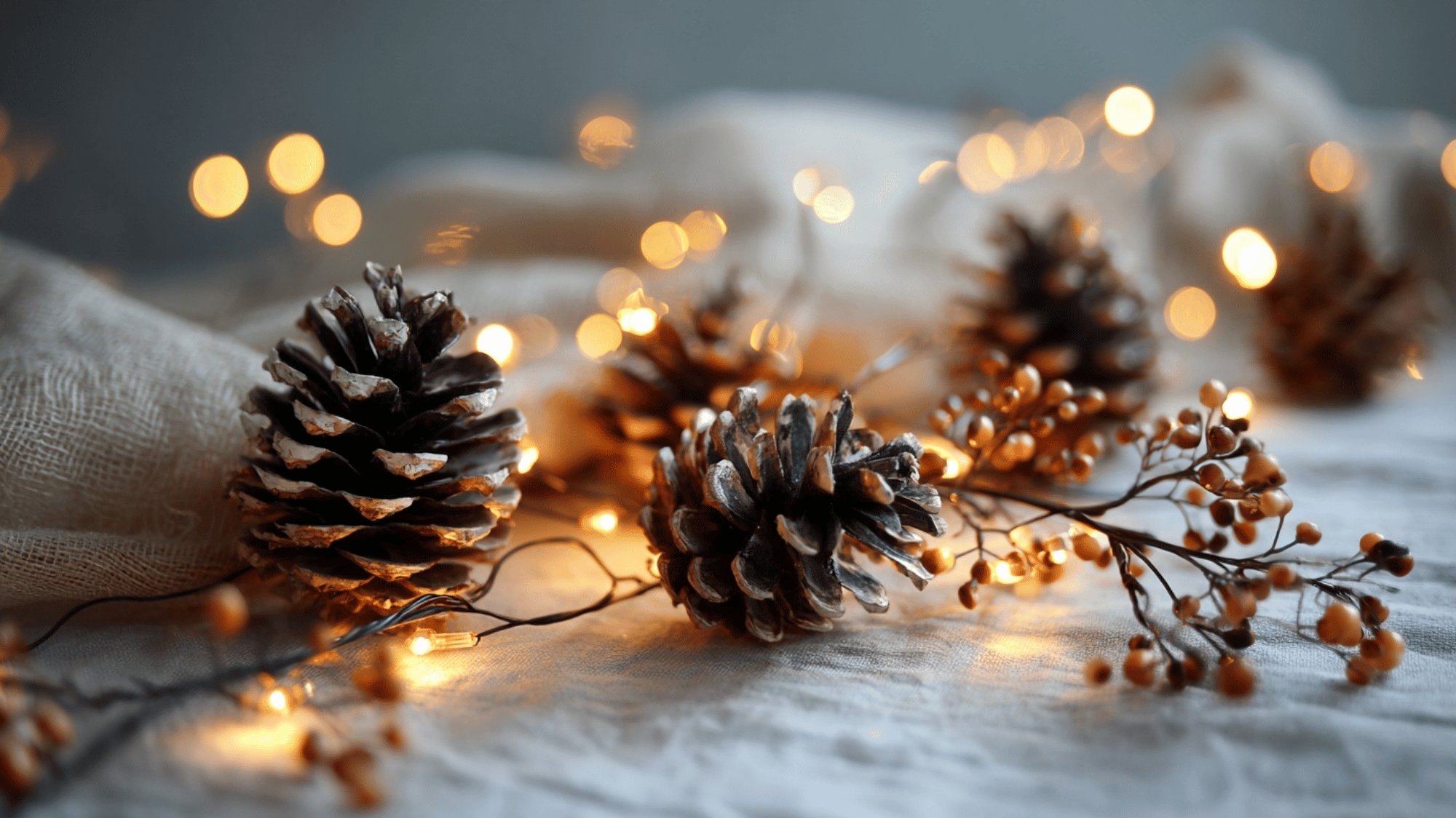 Pinecones with fairy lights and berries glowing softly