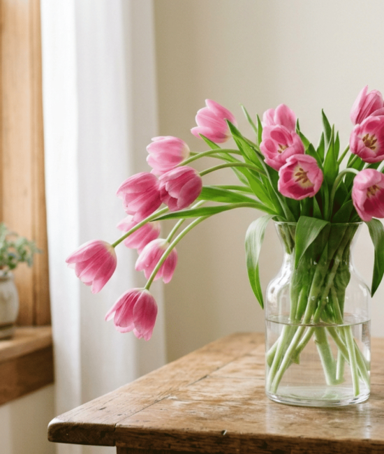 Pink tulips drooping slightly in a glass vase near a window with soft natural light.