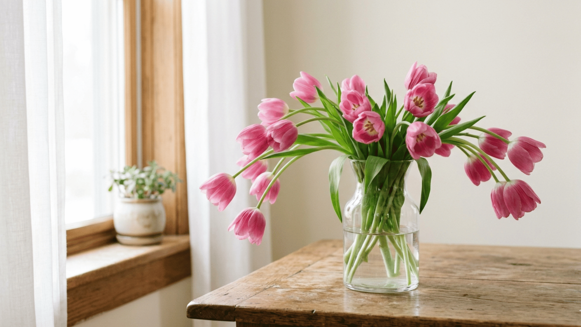 Pink tulips drooping slightly in a glass vase near a window with soft natural light.