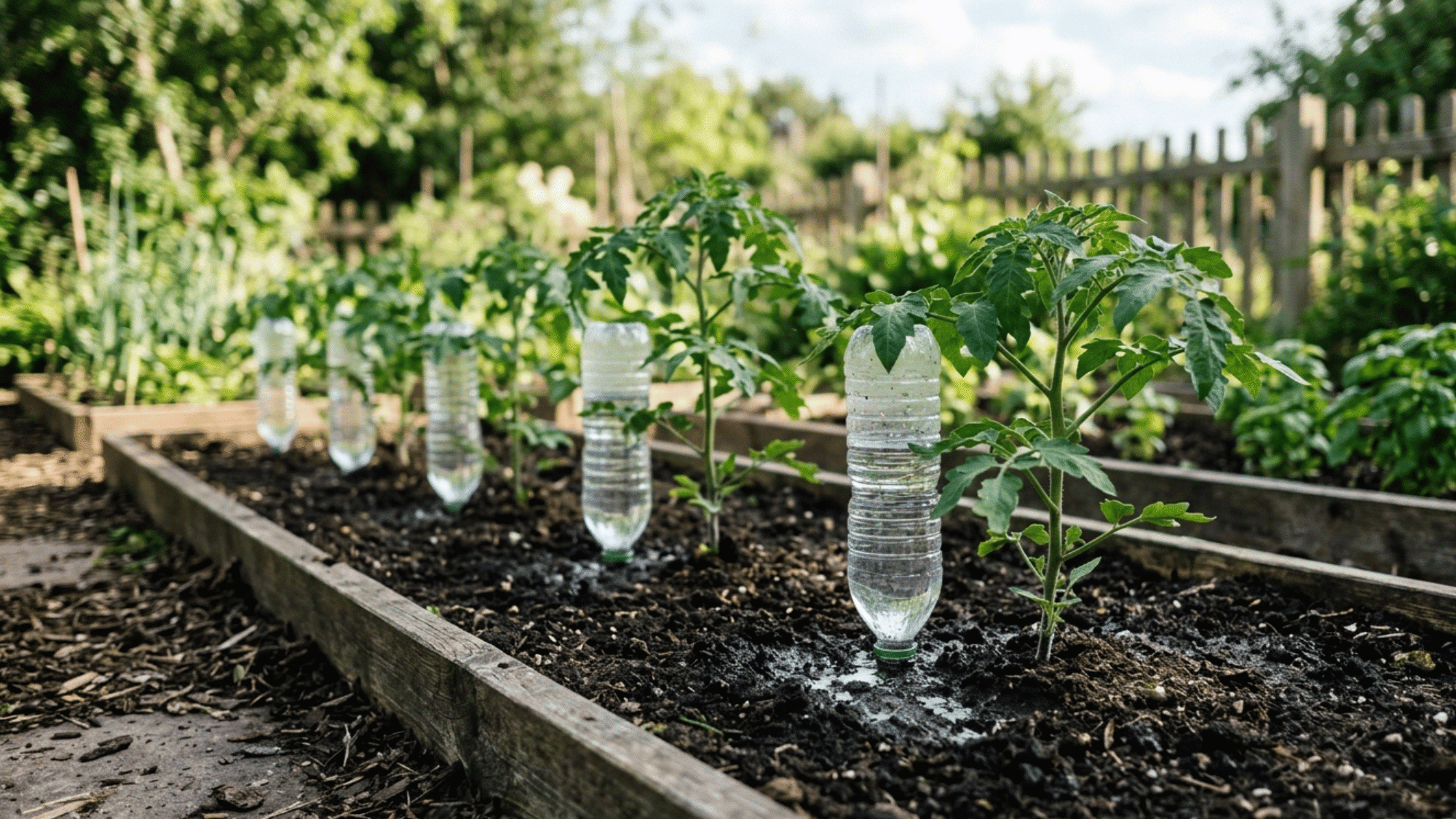 Plastic bottle drip irrigation system watering plants in a neat garden bed
