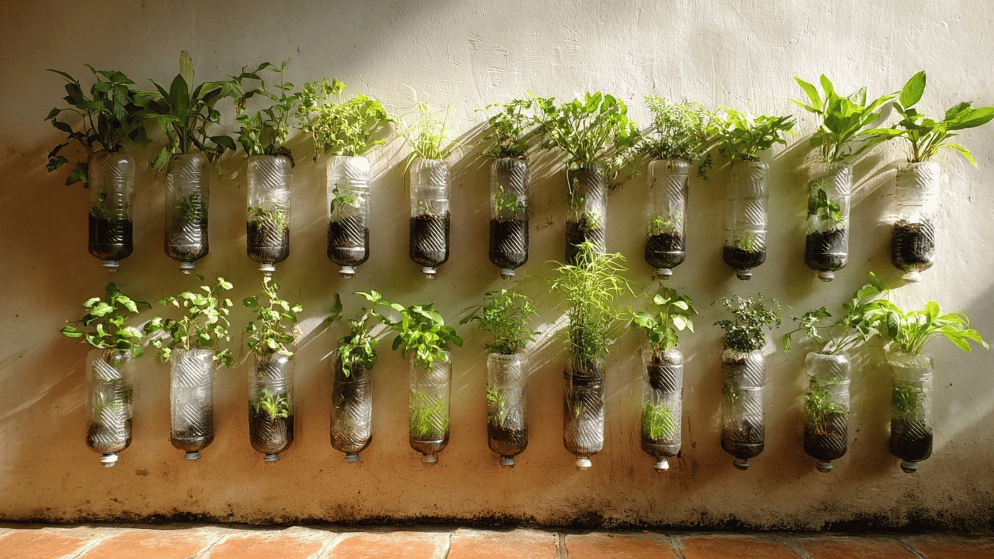 Plastic bottles arranged on a wall as a vertical garden with small plants