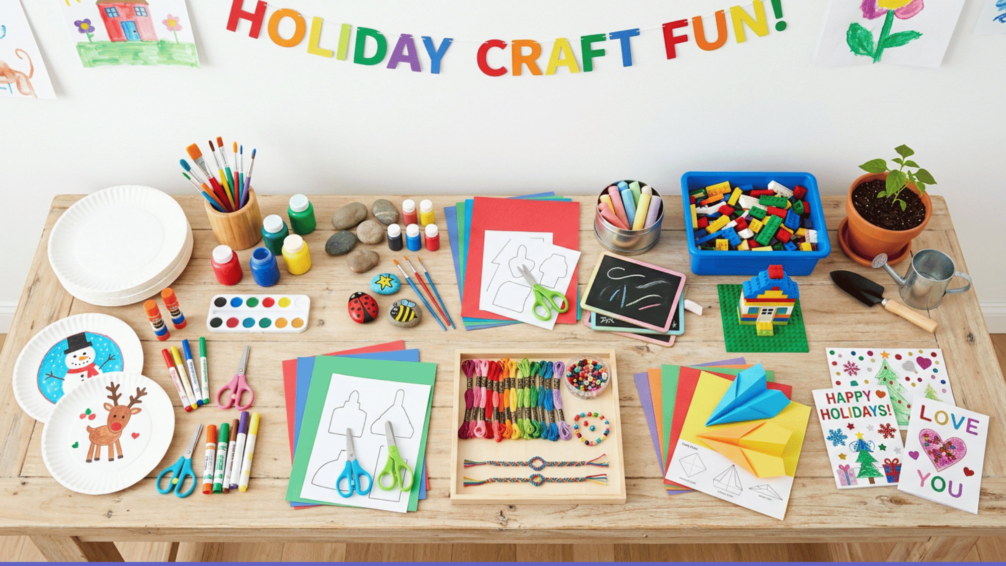Preschool craft table with paper plate crafts, LEGO blocks, chalk, rock painting supplies.