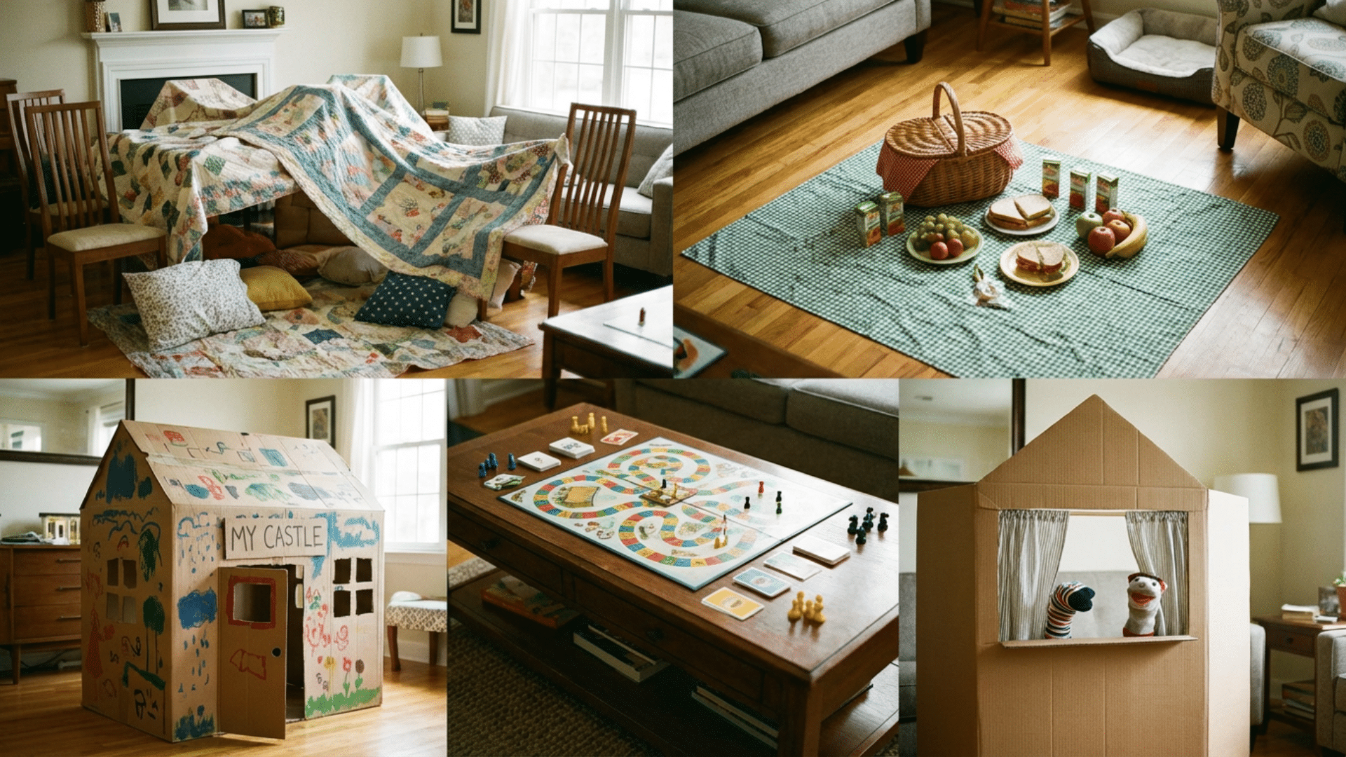Pretend play setups including blanket fort, puppet stage, indoor picnic, and cardboard playhouse