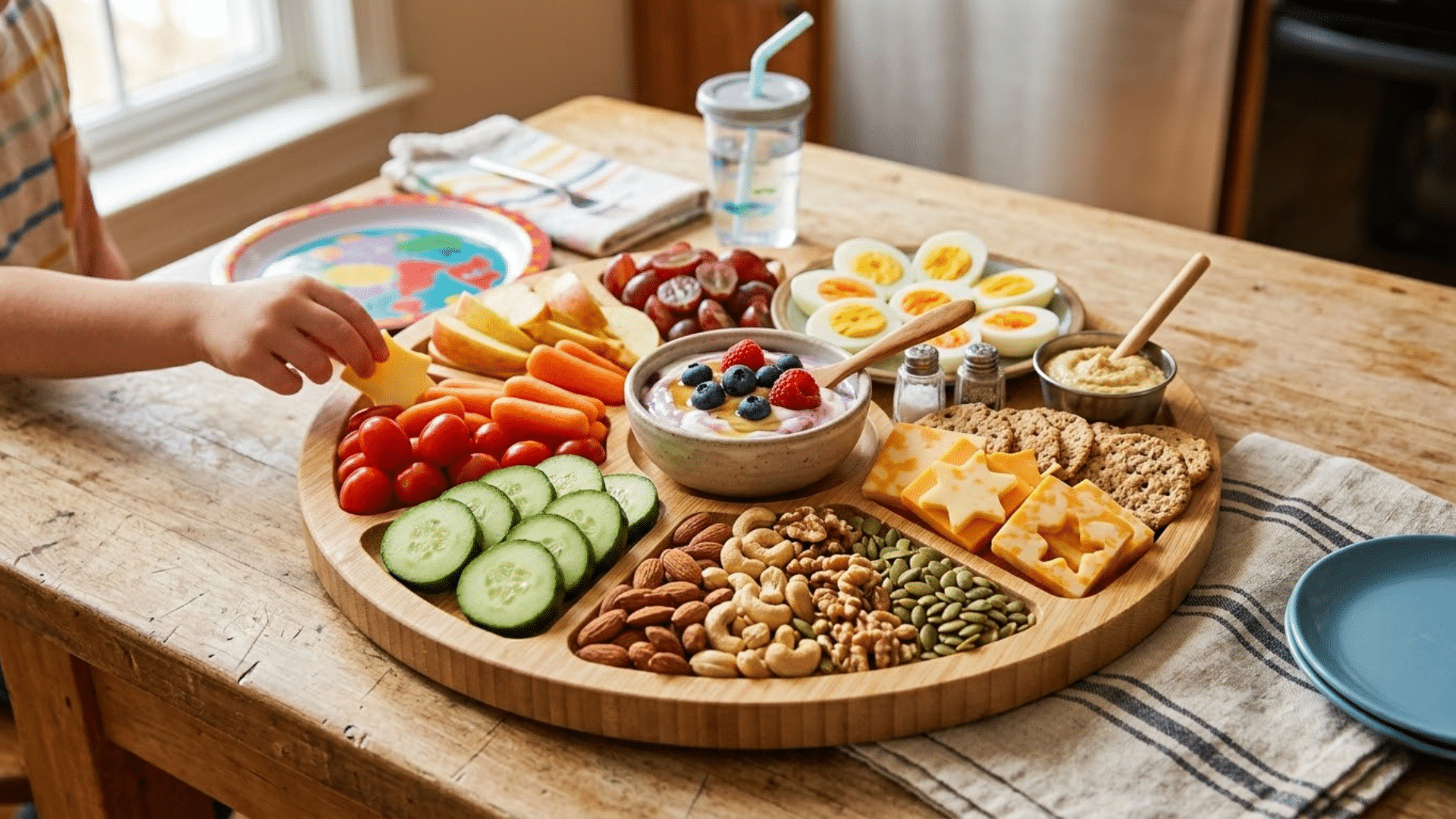 Protein-rich snacks like eggs, cheese, yogurt, and nuts arranged neatly on a board