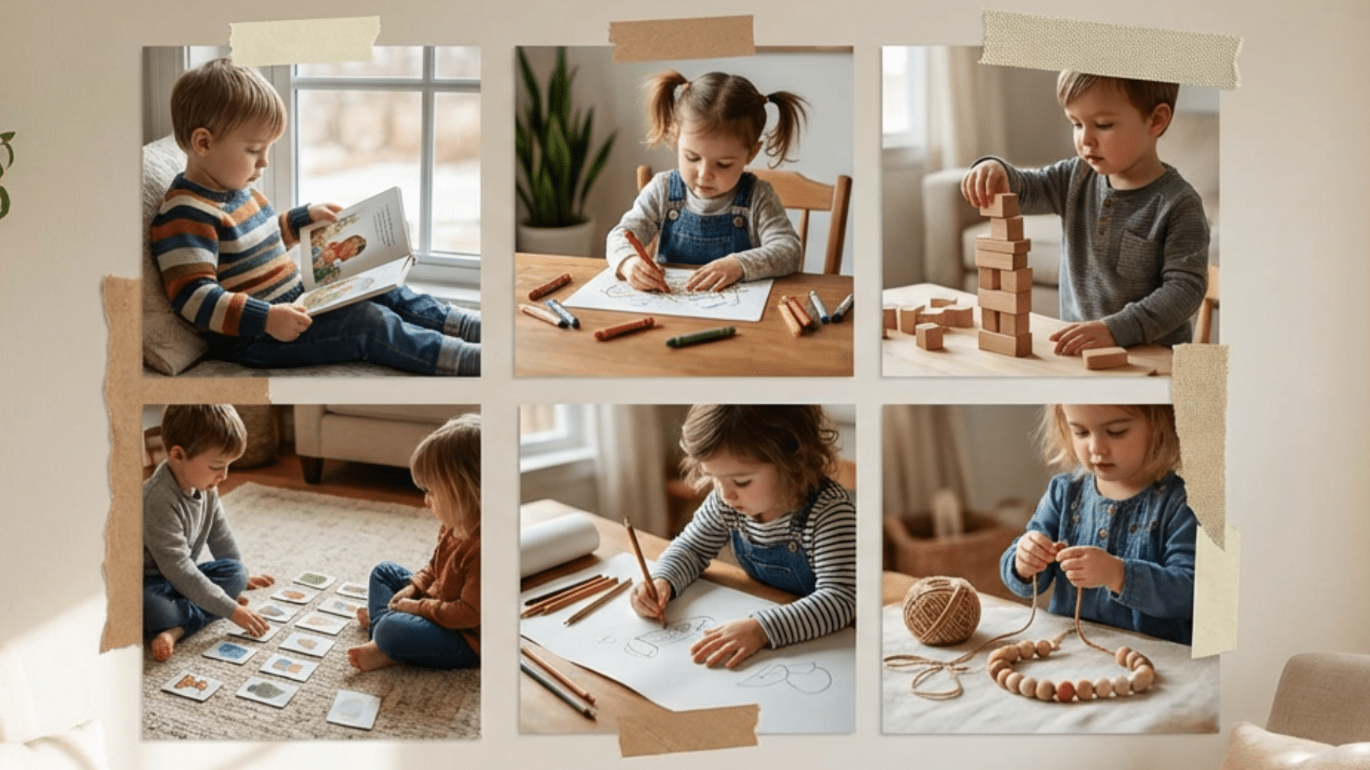 Quiet activities for toddlers including reading, coloring, puzzles, and bead stringing