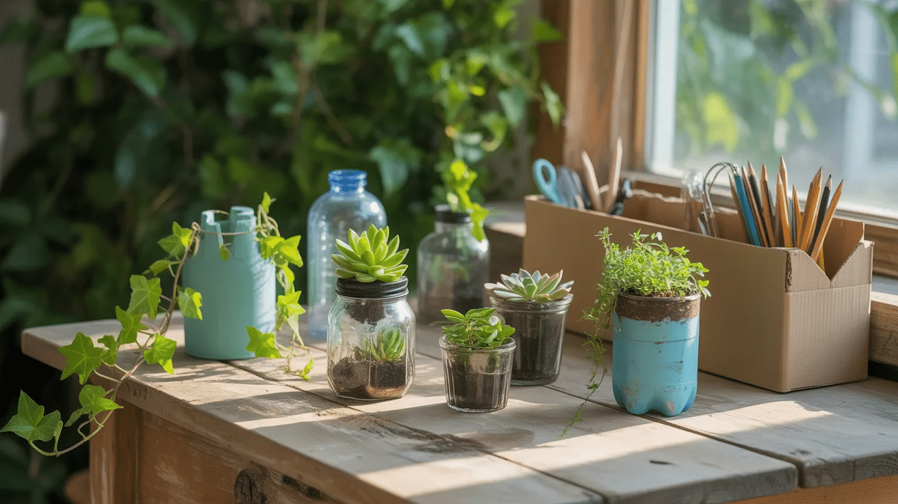 Recycled crafts made from bottles, jars, and cardboard used as planters and organizers