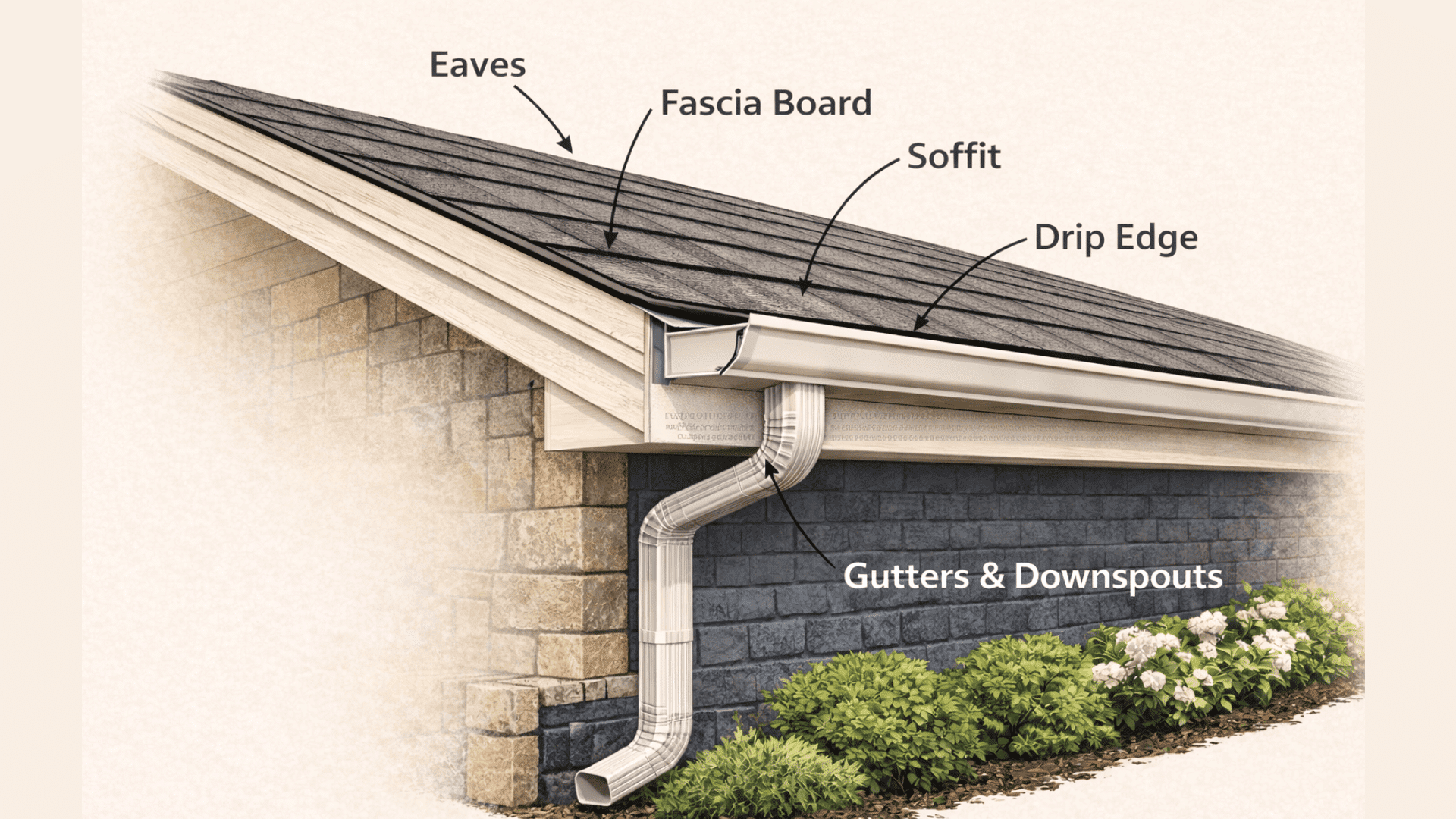Roof edge diagram showing eaves, fascia board, soffit, drip edge, and gutters with downspout directing rainwater away from the house foundation.