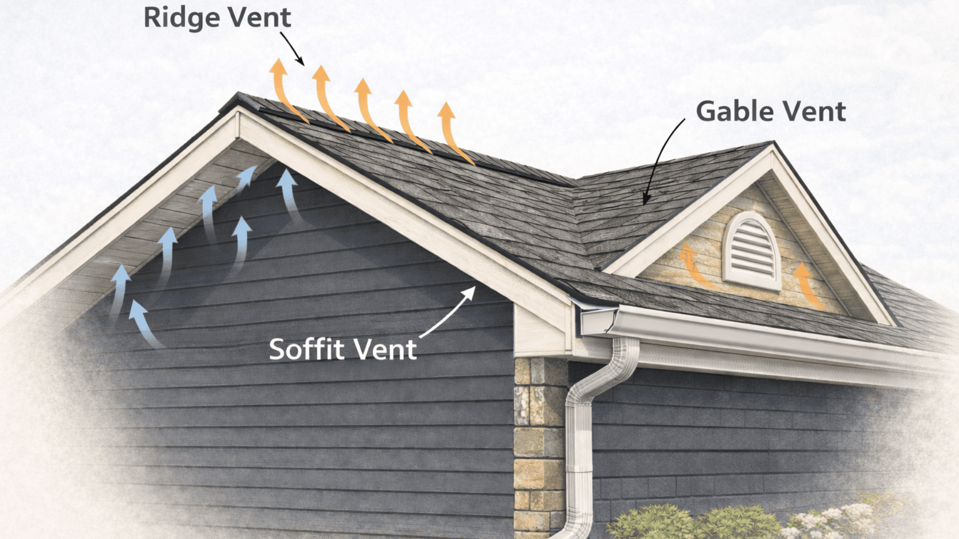 Roof ventilation diagram showing ridge vent, soffit vent, and gable vent with arrows illustrating cool air intake and warm air exhaust through attic