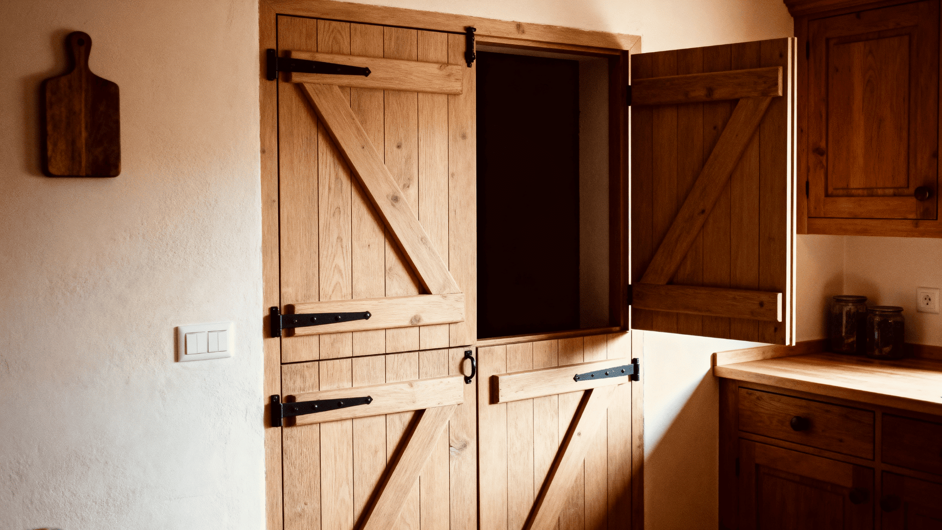 Rustic Dutch split door with upper half open, wood panels and black hardware, set in a warm kitchen interior with natural light