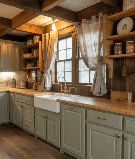 Rustic kitchen with sage green cabinets, wood beams, and warm lighting creating a cozy, natural space