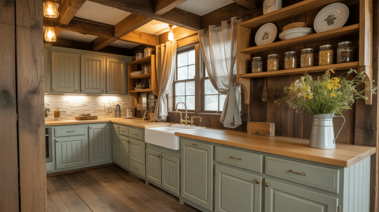 Rustic kitchen with sage green cabinets, wood beams, and warm lighting creating a cozy, natural space