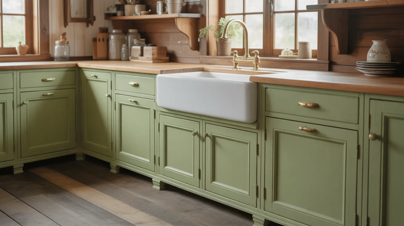 Sage green base cabinets with farmhouse sink in a classic rustic kitchen setup