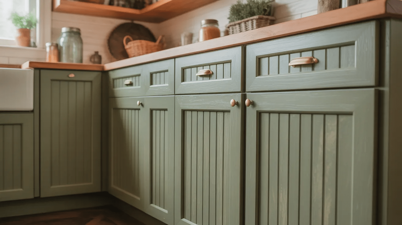 Sage green beadboard cabinets with vertical panels adding texture in a rustic farmhouse kitchen