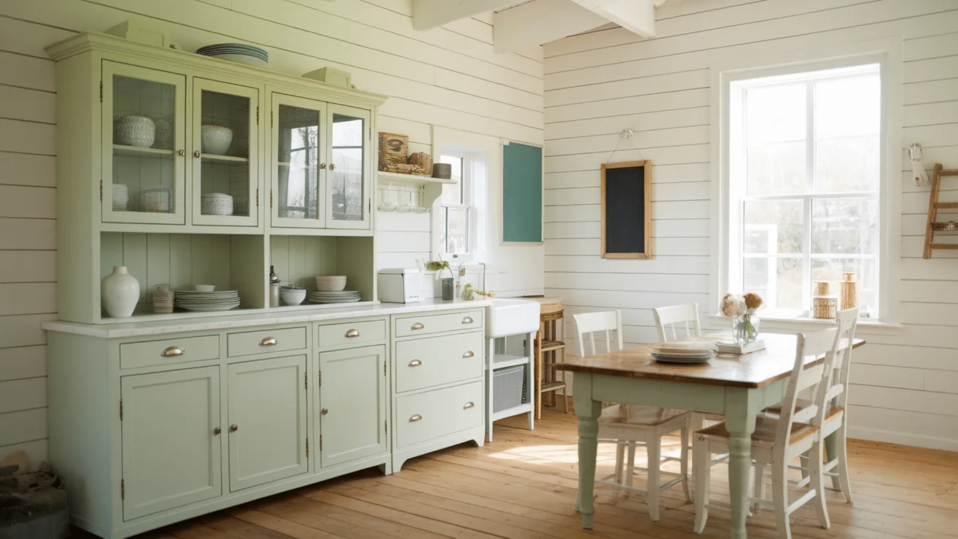 Sage green cabinets against white shiplap walls creating a bright rustic farmhouse kitchen