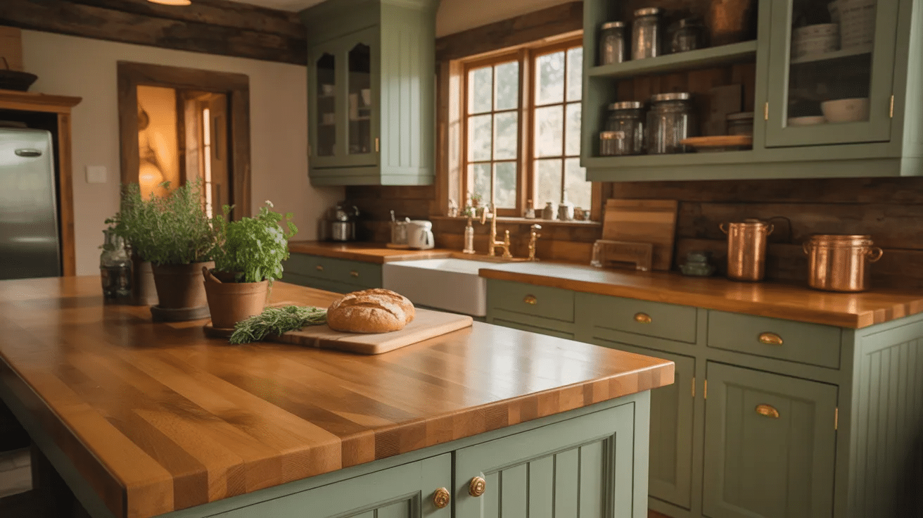 Sage green cabinets paired with butcher block countertops in a warm rustic kitchen setting