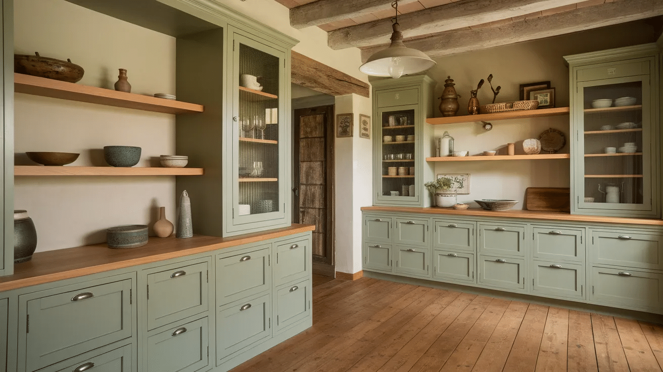 Sage green cabinets paired with natural wood tones creating a warm rustic kitchen